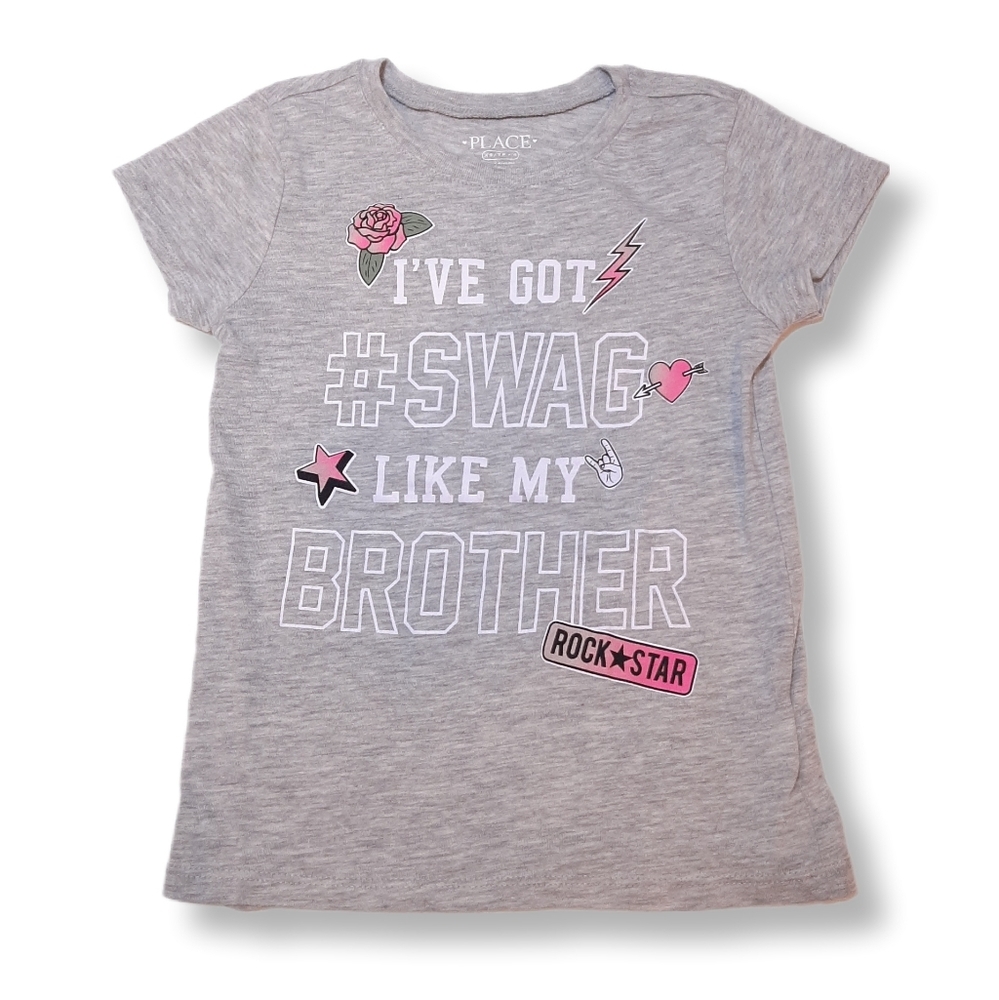 3/$20 Childrens Place Graphic Tshirt Hashtag Swag Brother Sibling Grey Pink Top